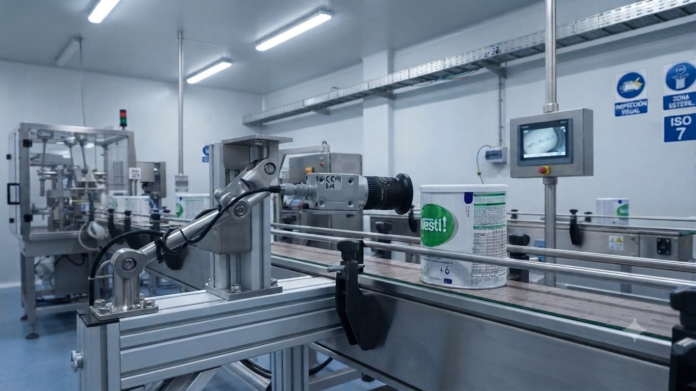 Cámara de visión artificial inspeccionando envases de fórmula infantil en línea de producción, sala ISO 7
